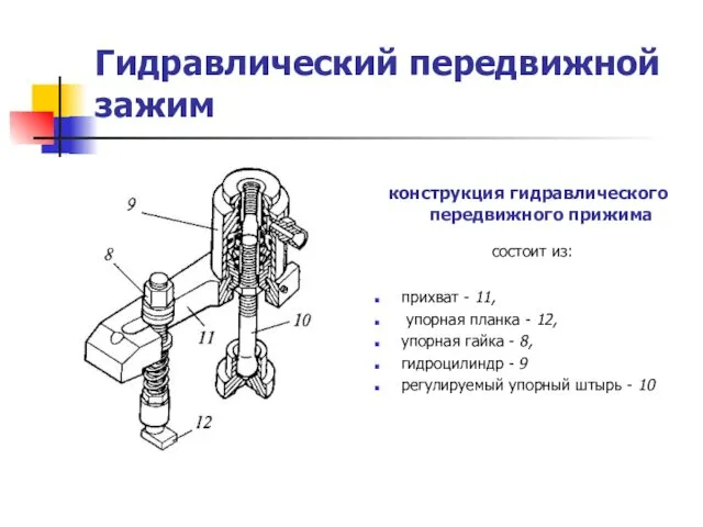 Гидравлический передвижной зажим конструкция гидравлического передвижного прижима состоит из: прихват