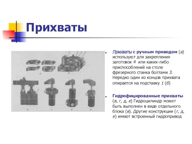 Прихваты Прихваты с ручным приводом (а) используют для закрепления заготовок