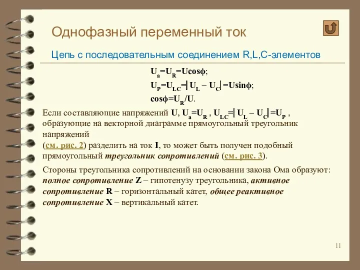 Однофазный переменный ток Цепь с последовательным соединением R,L,C-элементов Uа=UR=Ucosϕ; UР=ULC=⎜UL