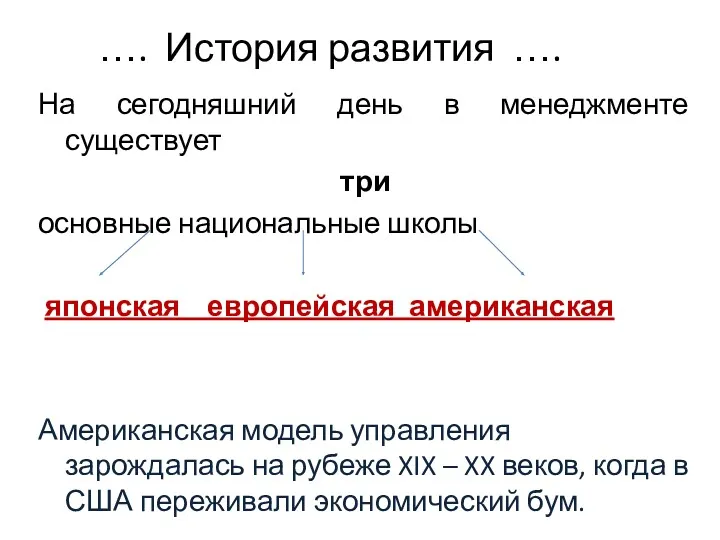 …. История развития …. На сегодняшний день в менеджменте существует