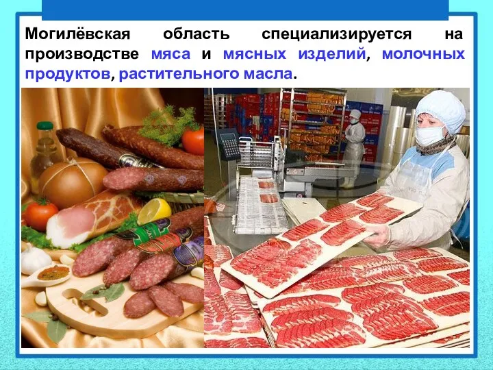 Могилёвская область специализируется на производстве мяса и мясных изделий, молочных продуктов, растительного масла.