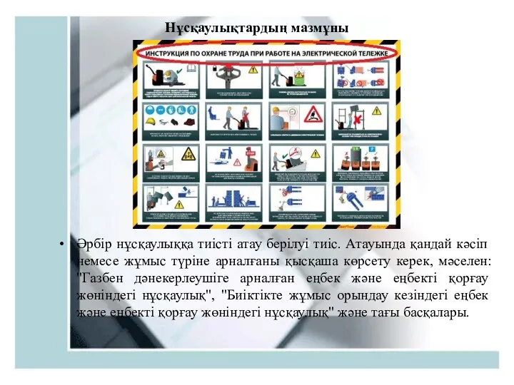 Әрбір нұсқаулыққа тиісті атау берілуі тиіс. Атауында қандай кәсіп немесе