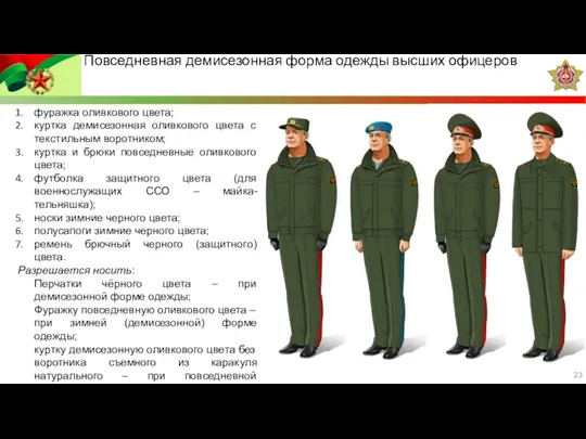 Повседневная демисезонная форма одежды высших офицеров фуражка оливкового цвета; куртка