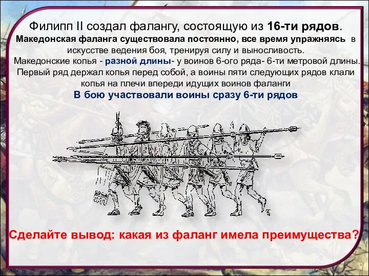 Филипп II создал фалангу, состоящую из 16-ти рядов. Македонская фаланга