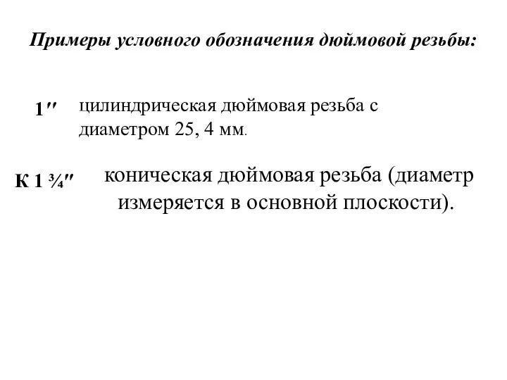 коническая дюймовая резьба (диаметр измеряется в основной плоскости). Примеры условного