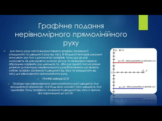 Графічне подання нерівномірного прямолінійного руху Для опису руху часто використовують