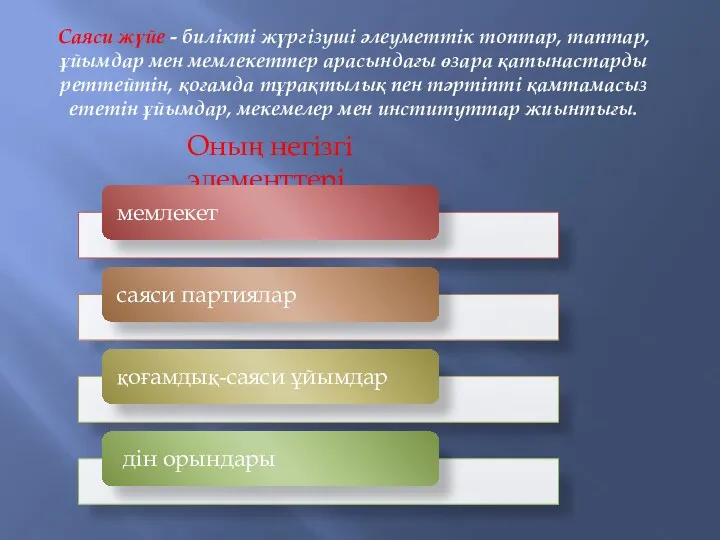 Саяси жүйе - билікті жүргізуші әлеуметтік топтар, таптар, ұйымдар мен