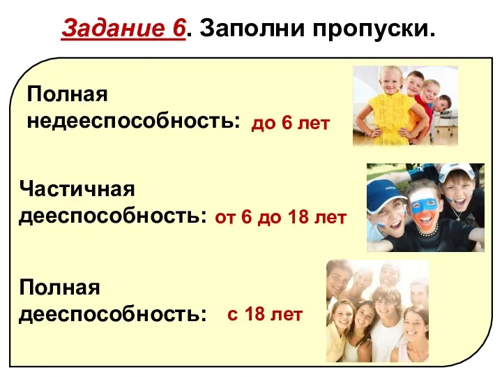 Полная недееспособность: Частичная дееспособность: Полная дееспо­собность: Задание 6. Заполни пропуски.