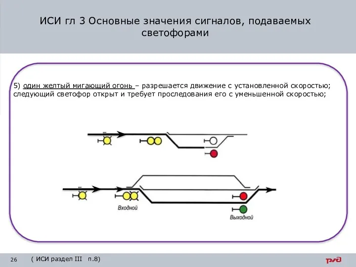 5) один желтый мигающий огонь – разрешается движение с установленной