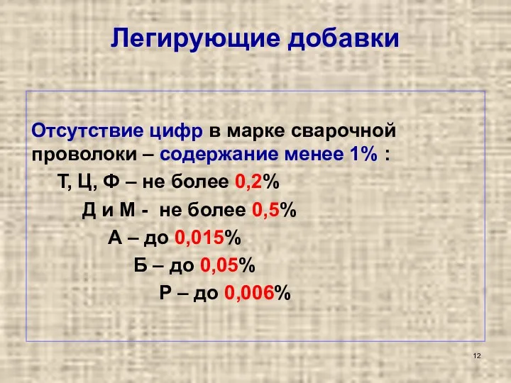 Легирующие добавки Отсутствие цифр в марке сварочной проволоки – содержание