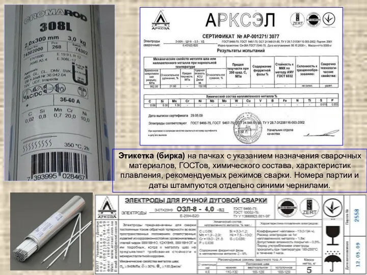 Этикетка (бирка) на пачках с указанием назначения сварочных материалов, ГОСТов,