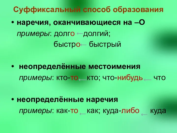 Суффиксальный способ образования наречия, оканчивающиеся на –О примеры: долго долгий;