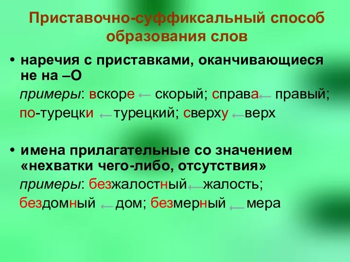 Приставочно-суффиксальный способ образования слов наречия с приставками, оканчивающиеся не на