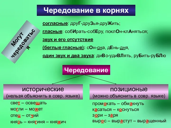 Чередование в корнях Могут чередоваться согласные: друГ-друЗья-друЖить; гласные: собИрать-собЕру, поклОн-клАняться;