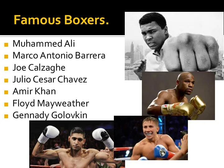 Famous Boxers. Muhammed Ali Marco Antonio Barrera Joe Calzaghe Julio