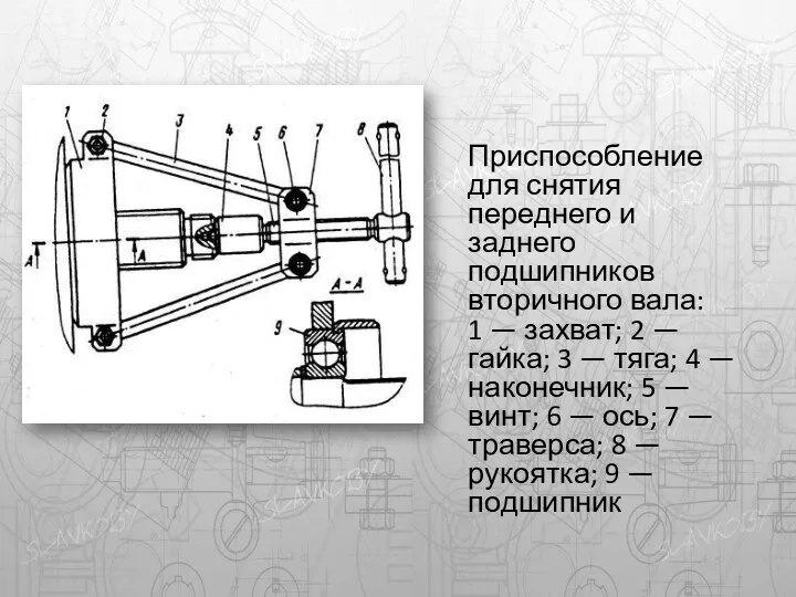 Приспособление для снятия переднего и заднего подшипников вторичного вала: 1