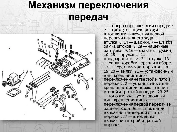 Механизм переключения передач 1 — опора переключения передач; 2 —