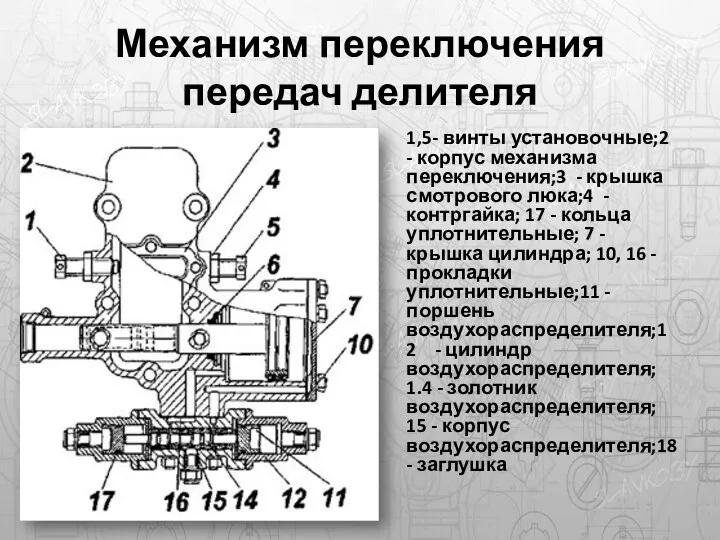 Механизм переключения передач делителя 1,5- винты установочные;2 - корпус механизма