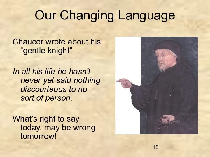 Our Changing Language Chaucer wrote about his “gentle knight”: In