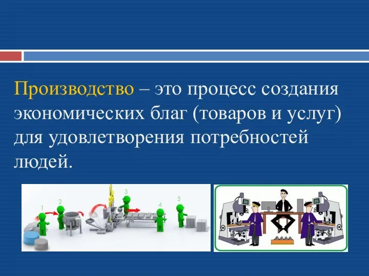 Производство – это процесс создания экономических благ (товаров и услуг) для удовлетворения потребностей людей.