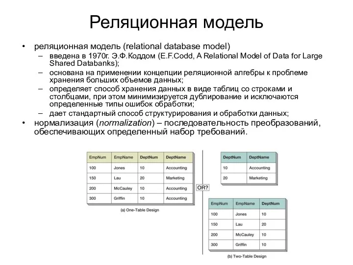 Реляционная модель реляционная модель (relational database model) введена в 1970г.