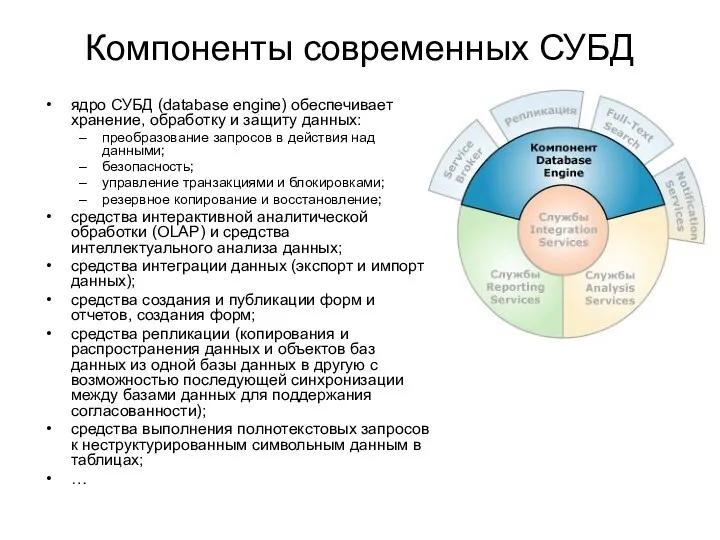 Компоненты современных СУБД ядро СУБД (database engine) обеспечивает хранение, обработку