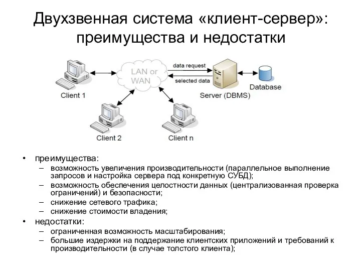 Двухзвенная система «клиент-сервер»: преимущества и недостатки преимущества: возможность увеличения производительности