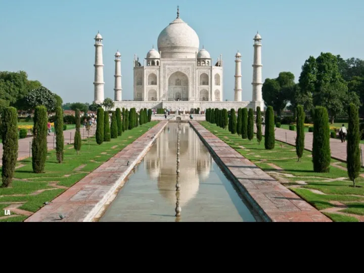 The Taj Mahal is a white marble mausoleum located on