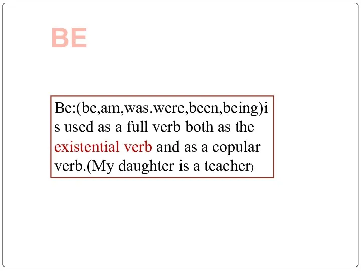 BE Be:(be,am,was.were,been,being)is used as a full verb both as the