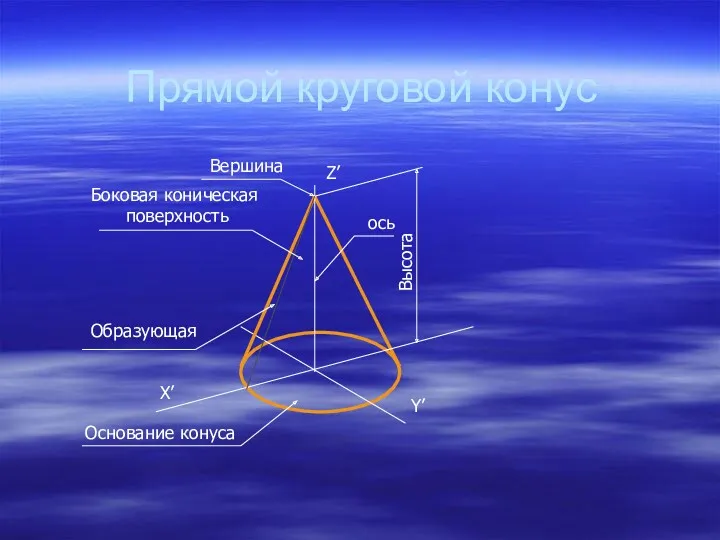 Прямой круговой конус X’ Y’ Z’ Вершина Высота ось Боковая коническая поверхность Образующая Основание конуса