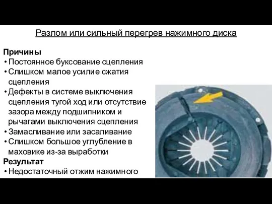 Разлом или сильный перегрев нажимного диска Причины Постоянное буксование сцепления