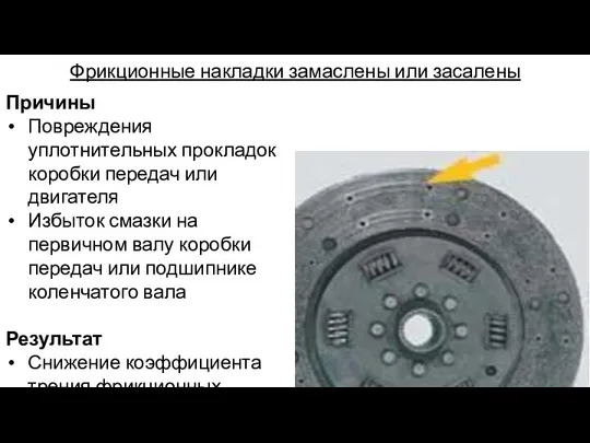 Фрикционные накладки замаслены или засалены Причины Повреждения уплотнительных прокладок коробки