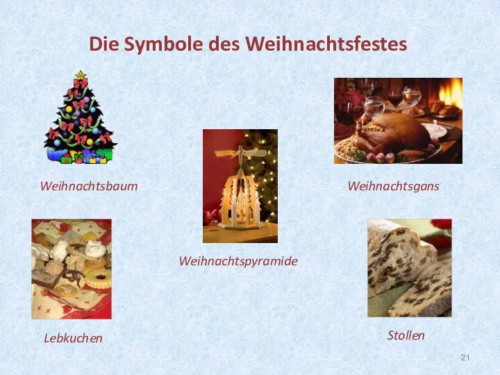 Weihnachtsbaum Weihnachtsgans Lebkuchen Stollen Weihnachtspyramide Die Symbole des Weihnachtsfestes