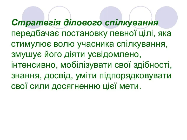 Стратегія ділового спілкування передбачає постановку певної цілі, яка стимулює волю