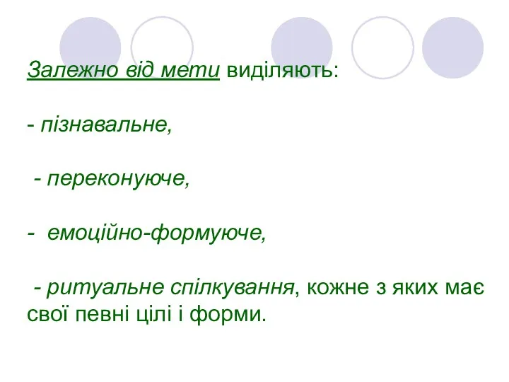 Залежно від мети виділяють: - пізнавальне, - переконуюче, - емоційно-формуюче,