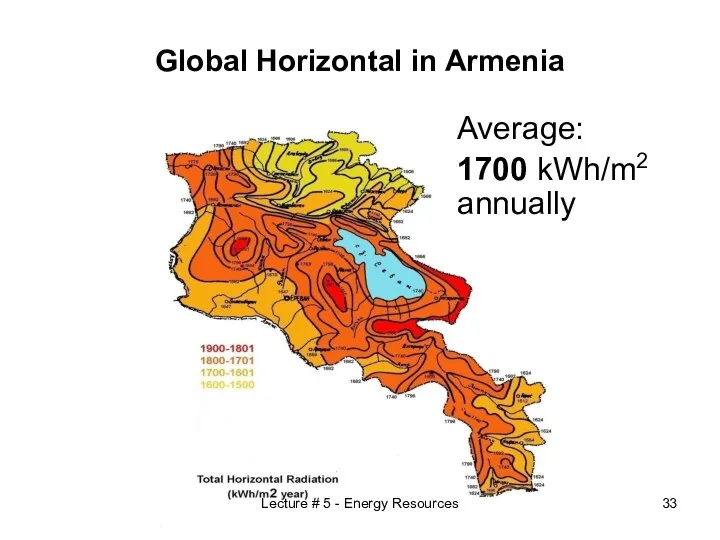 Global Horizontal in Armenia Average: 1700 kWh/m2 annually Lecture # 5 - Energy Resources