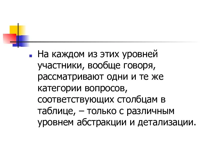 На каждом из этих уровней участники, вообще говоря, рассматривают одни