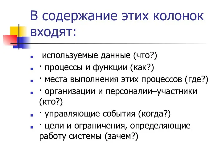 В содержание этих колонок входят: используемые данные (что?) · процессы и функции (как?)