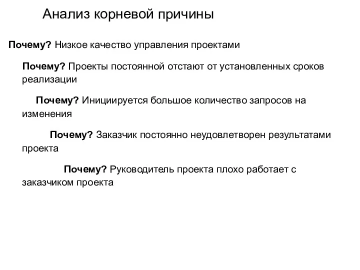 Анализ корневой причины Почему? Низкое качество управления проектами Почему? Проекты