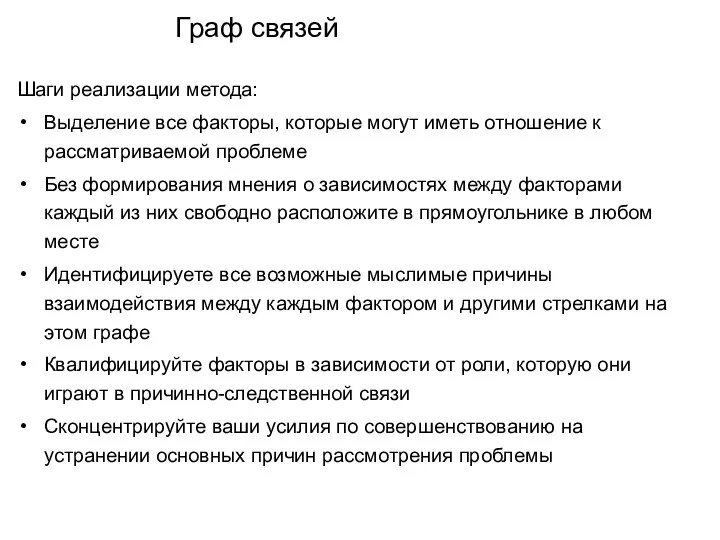 Граф связей Шаги реализации метода: Выделение все факторы, которые могут