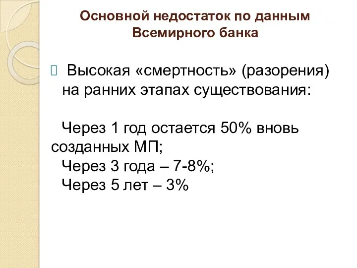 Основной недостаток по данным Всемирного банка Высокая «смертность» (разорения) на