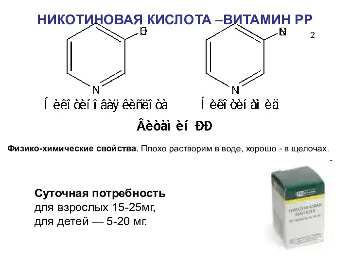 НИКОТИНОВАЯ КИСЛОТА –ВИТАМИН РР Суточная потребность для взрослых 15-25мг, для