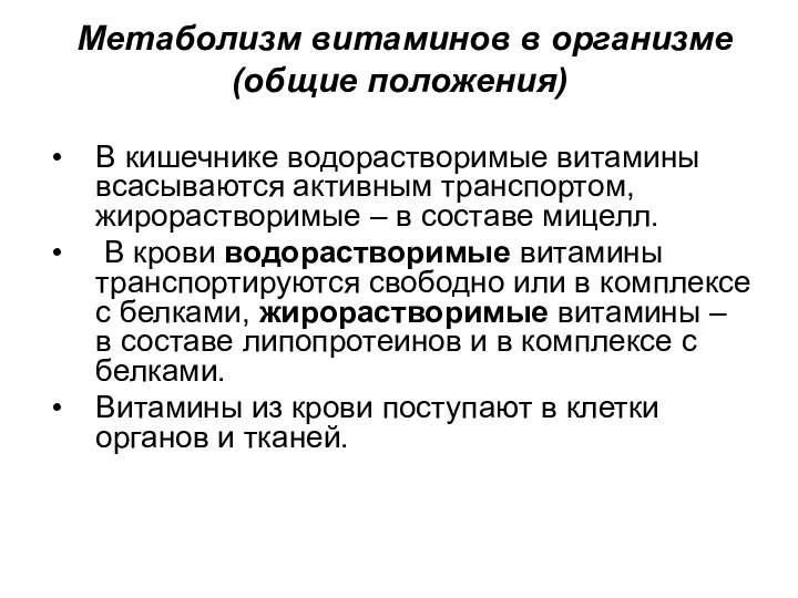 Метаболизм витаминов в организме (общие положения) В кишечнике водорастворимые витамины