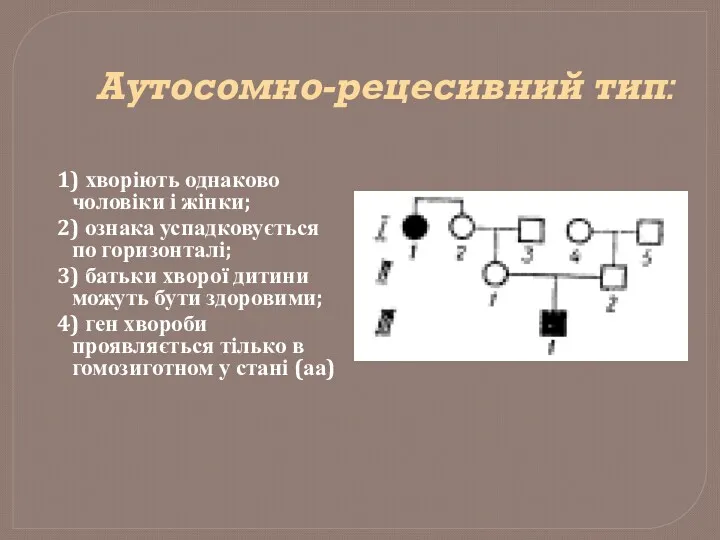 Аутосомно-рецесивний тип: 1) хворіють однаково чоловіки і жінки; 2) ознака