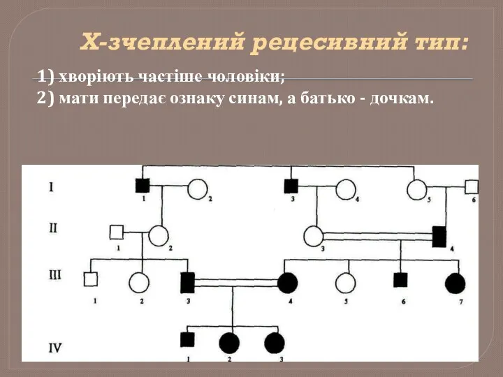 Х-зчеплений рецесивний тип: 1) хворіють частіше чоловіки; 2) мати передає ознаку синам, а батько - дочкам.