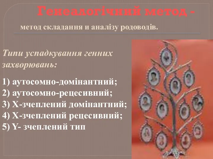 Генеалогічний метод - метод складання и аналізу родоводів. Типи успадкування генних захворювань: 1)