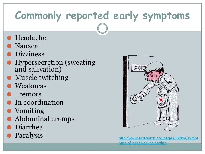 Commonly reported early symptoms Headache Nausea Dizziness Hypersecretion (sweating and
