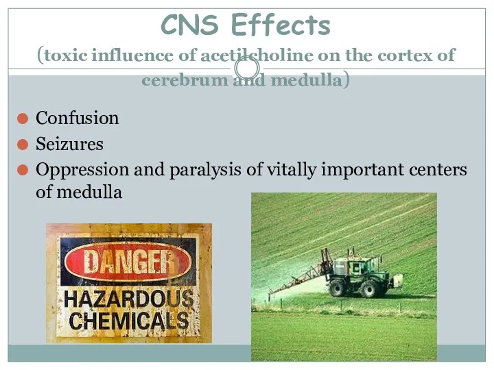 CNS Effects (toxic influence of acetilcholine on the cortex of cerebrum and medulla)