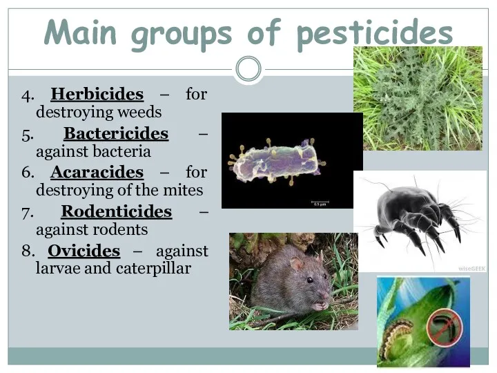 4. Herbicides – for destroying weeds 5. Bactericides – against bacteria 6. Acaracides
