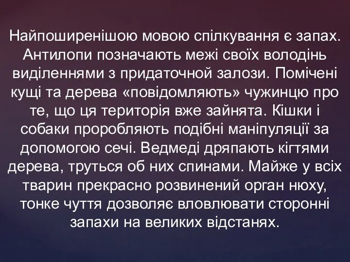 Найпоширенішою мовою спілкування є запах. Антилопи позначають межі своїх володінь